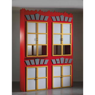 Lapo Binazzi (Firenze 1943) DOUBLE FACE BOOKCASE: VETRINA DA CENTRO in legno smaltato nei toni del rosso, giallo e grigioProduzione Firenze, Italia, 1978cm H290xL195xP40Autentica dell’artistaBibliografia di confrontoModo 82, 09/1985, p. 48