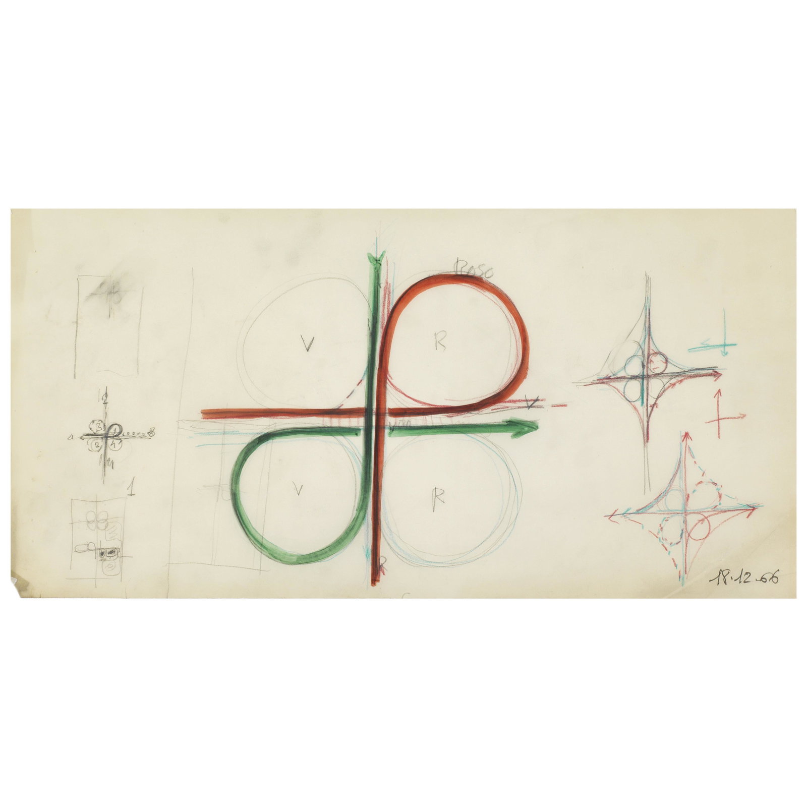 Gio Ponti (Milano, 1891 - 1979) VIABILITY OF THE CITY OF THE FUTURE: MARKERS ON PAPER VIABILITA’ DELLA CITTA’ DEL FUTURO pennarelli colorati su carta velina 18 dicembre 1966 cm H27xL55