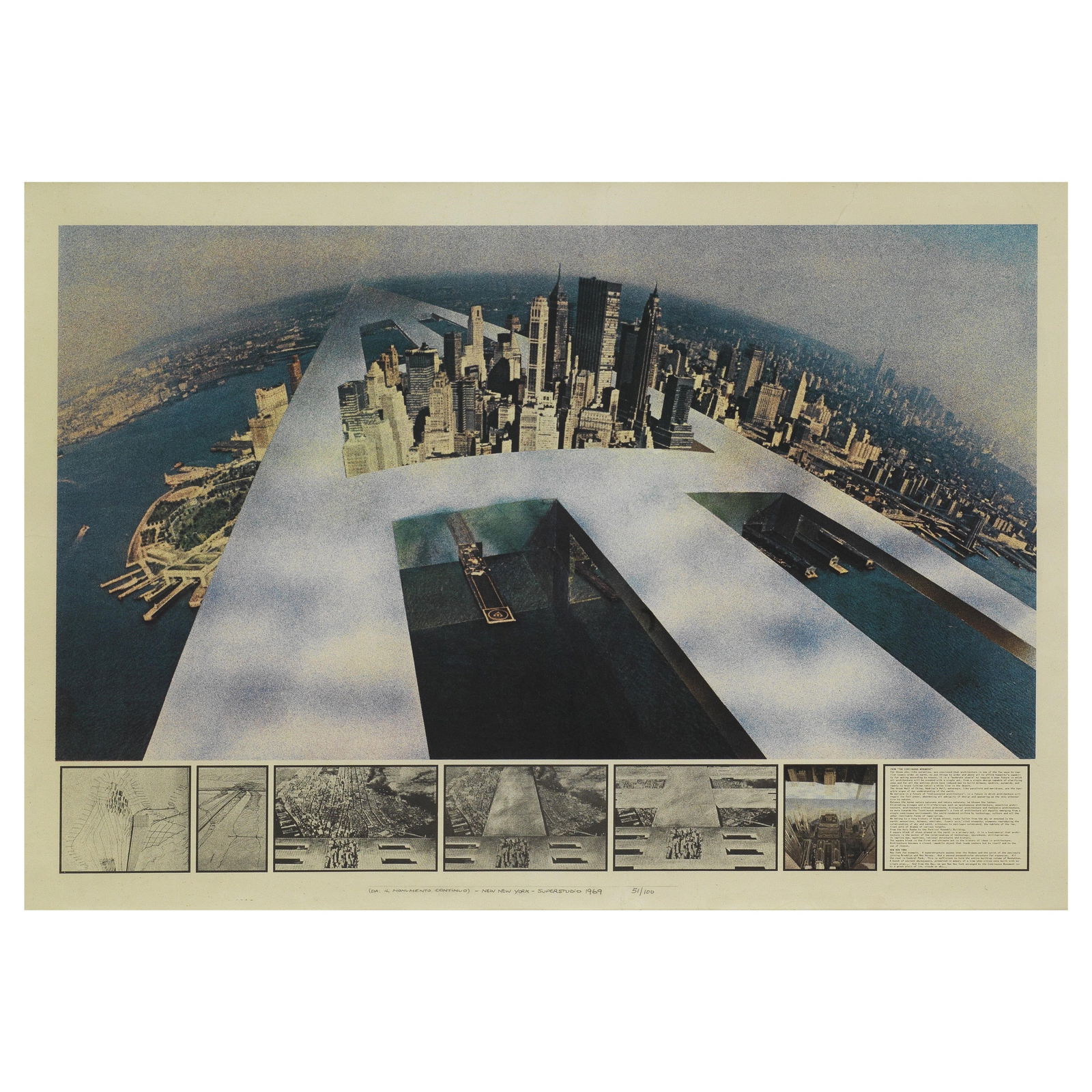 Superstudio (DA IL MONUMENTO CONTINUO) - NEW NEW YORK - LITHOGRAPH ON PAPER: Superstudio (DA IL MONUMENTO CONTINUO) - NEW NEW YORK - litografia su carta, esemplare 51/100 Edizione Multirevol, Milano datata 1969 cm H70xL100 (DA IL MONUMENTO CONTINUO) - NEW NEW YORK - LITHOGRAPH