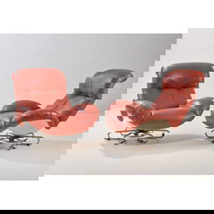 Bruno Gecchelin: Bruno Gecchelin (Milano, 1939) A COUPLE OF «BRUGE» ARMCHAIRS, PLASTIC AND METAL STRUCTURE, RED LEATHER UPHOLSTERY COPPIA DI POLTRONE MODELLO BRUGE struttura in plastica e meta