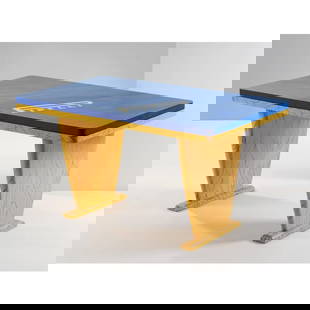 Lapo Binazzi: Lapo Binazzi (Firenze, 1943) TABLE, BLUE AND YELLOW LACQUERED WOODEN STRUCTURE TAVOLO in legno laccato nei toni del giallo e blu Produzione Italia, 1981 Firma dell’autore sul lato cm H80x
