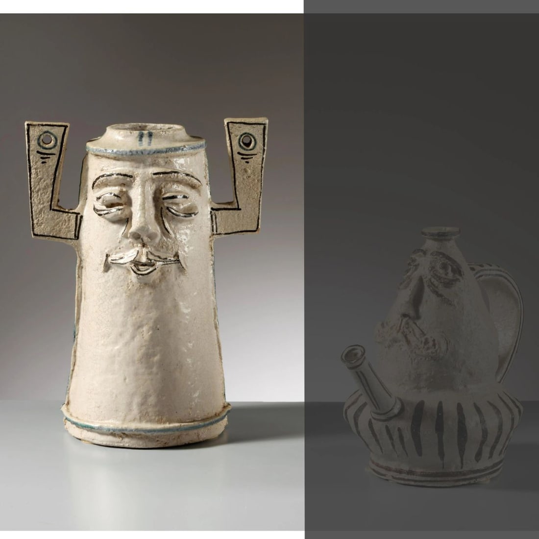 Federico Melis CERAMIC PUORER: Federico Melis (Bosa, 1891 - Urbania, 1969) CERAMIC POURER WITH FACE VASO CON VOLTO in ceramica firmato e datato sul fondo Produzione Italia, 1957 cm H32,5xL25xP15