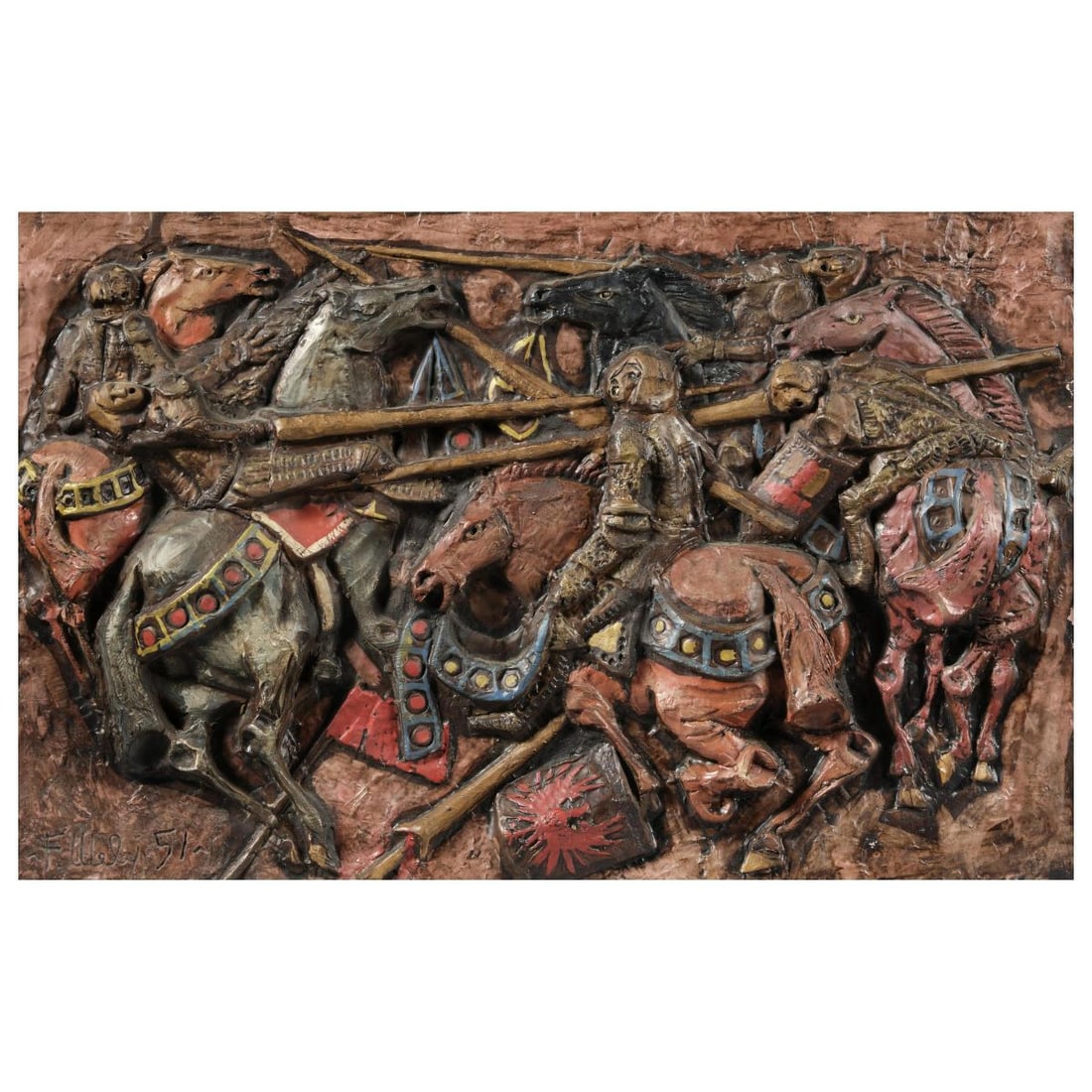 Federico Melis CERAMIC PANEL: Federico Melis (Bosa, 1891 - Urbania, 1969) CERAMIC PANEL WITH BAS-RELIEF PANNELLO CON BASSORILIEVO con scena di combattimento in ceramica applicata su legno firmato e datato in basso a destra Produzi