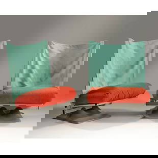 Paolo Deganello - Archizoom A COUPLE OF «AEO» ARMCHAIR: Paolo Deganello - Archizoom (Padova, 1940) A COUPLE OF «AEO» ARMCHAIR, METAL STRUCTURE, GREEN AND RED FABRIC UPHOLSTERY COPPIA DI POLTRONE MODELLO AEO in metallo, imbottite e rivestite in tessuto ne