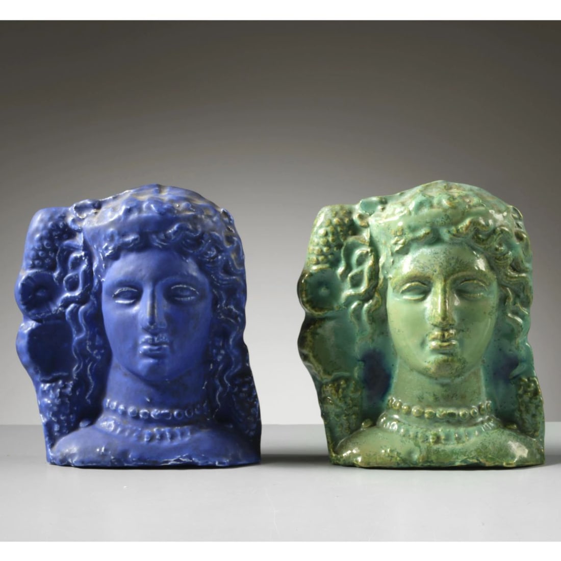 Angelo Biancini PAIR OF CERAMIC PAPERWEIGHTS: Angelo Biancini (Castel Bolognese, 1911 - 1988) PAIR OF CERAMIC PAPERWEIGHTS COPPIA DI FERMACARTE in ceramica smaltata nei toni del blu e del verde marchio del produttore sul retro di una delle due Pr