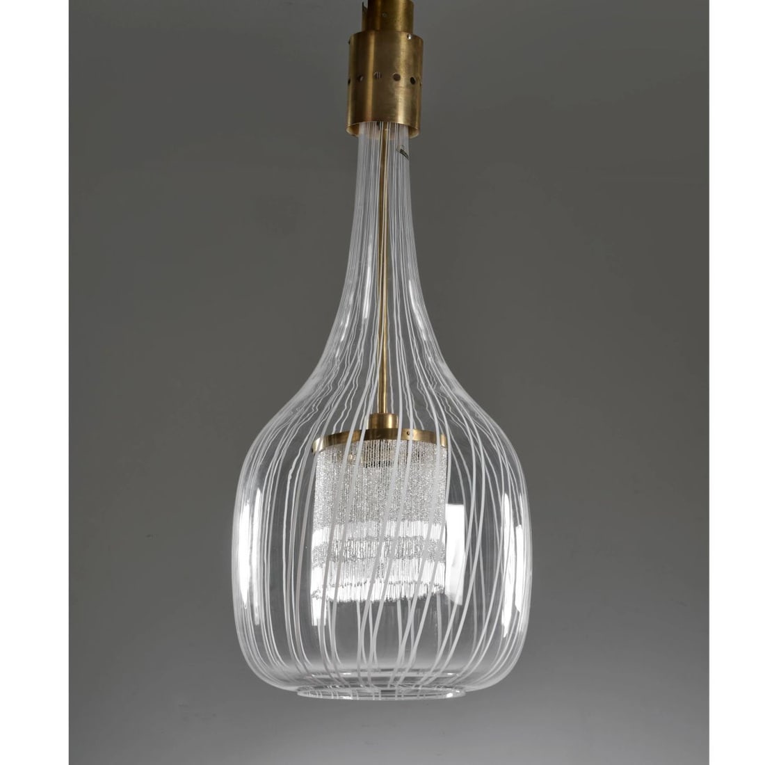 Angelo Brotto CEILING LAMP: Angelo Brotto (Venezia, 1914 - Campigli Marittima, 2002) ESPERIA METAL AND GLASS CEILING LAMP LAMPADA A SOSPENSIONE struttura in ottone e vetro Etichetta del produttore Produzione Esperia, Ital