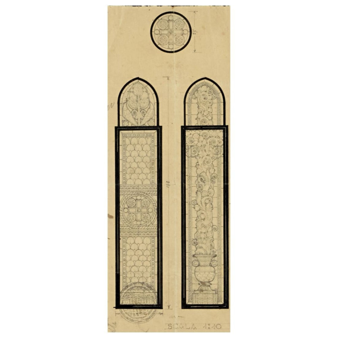 Galileo Chini STUDY FOR A GLASS WINDOW: Galileo Chini (Firenze, 1873 - 1956) STUDY FOR A STAINED-GLASS WINDOW PREPARATORIO DI VETRATA Matita su carta Timbro in basso Italia, 1925 circa cm H27,5xL11 con cornice cm H57xL39xP5 Il lotto è cor