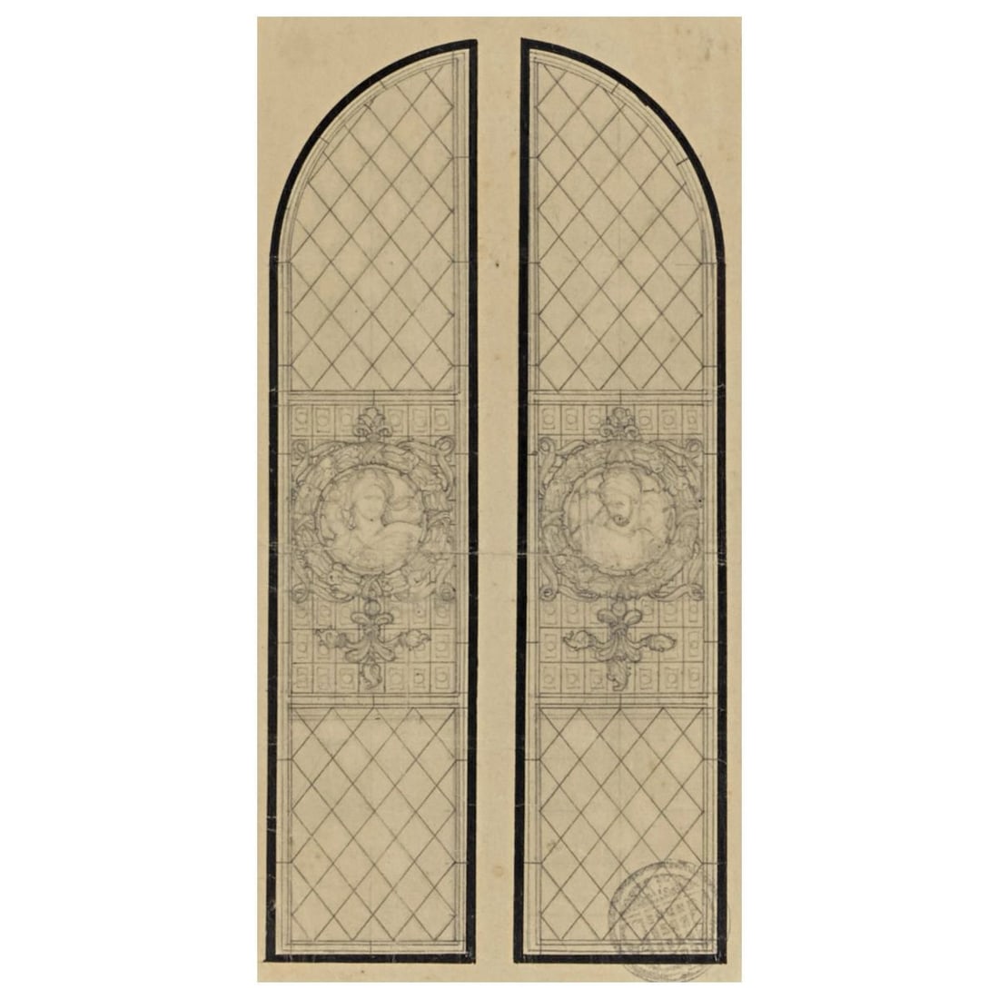 Galileo Chini STUDY FOR A GLASS WINDOW: Galileo Chini (Firenze, 1873 - 1956) STUDY FOR A STAINED-GLASS WINDOW PREPARATORIO DI VETRATA Matita su carta Timbro in basso Italia, 1925 circa cm H27,5xL14,5 con cornice cm H56xL35,5xP4 Il lotto