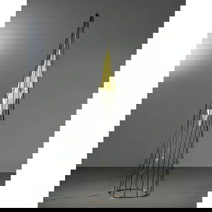 FLOOR LAMP, METAL STRUCTURE, WHITE AND YELLOW PLASTIC LAMPSHADE: FLOOR LAMP, METAL STRUCTURE, WHITE AND YELLOW PLASTIC LAMPSHADE LAMPADA DA TERRA struttura in metallo, paralume in materiale plastico nei toni del bianco e del giallo Produzione Italia, 1965 alt. cm 1