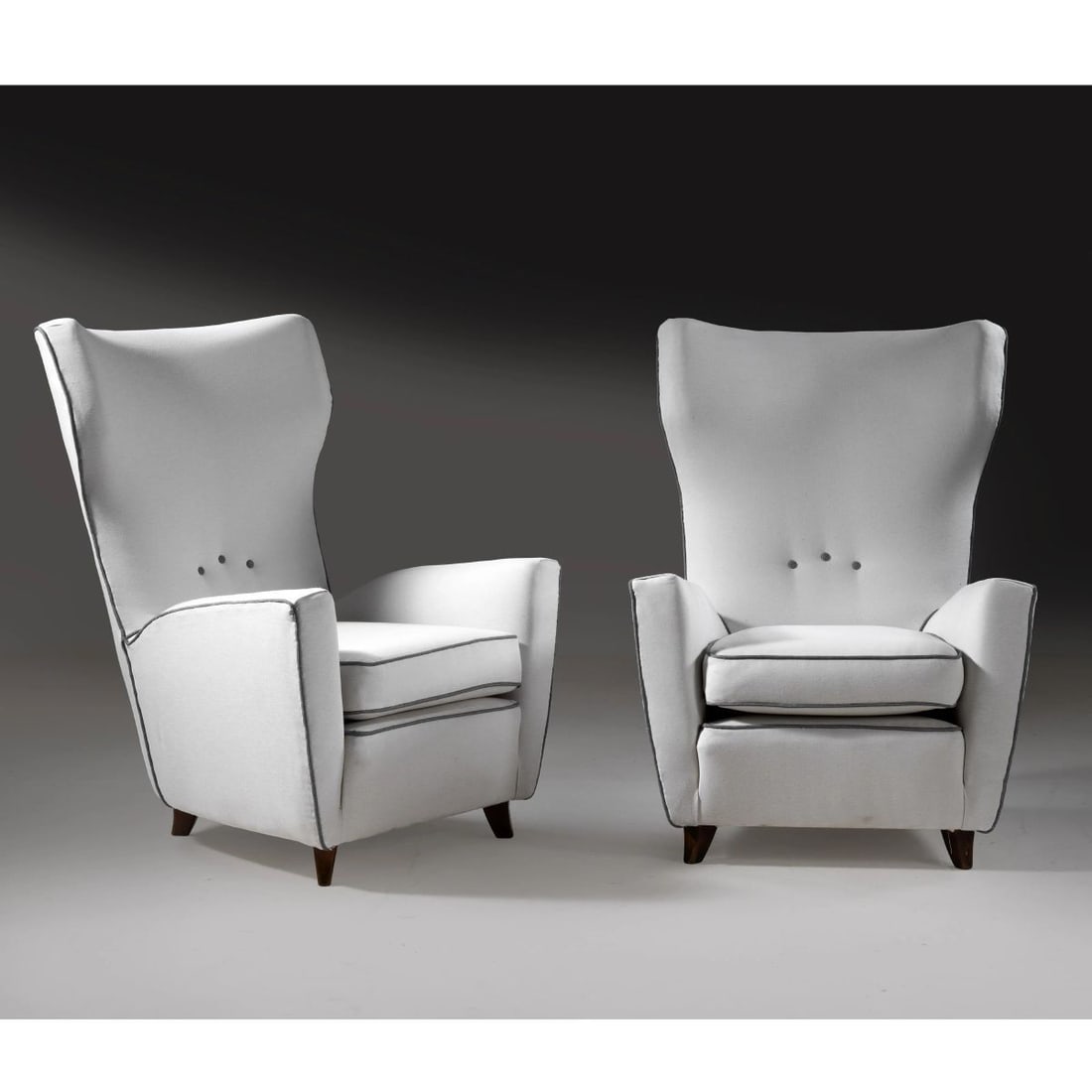 A COUPLE OF ARMCHAIRS, WOODEN STRUCTURE, WHITE AND GRAY UPHOLSTERY (1 of 1)