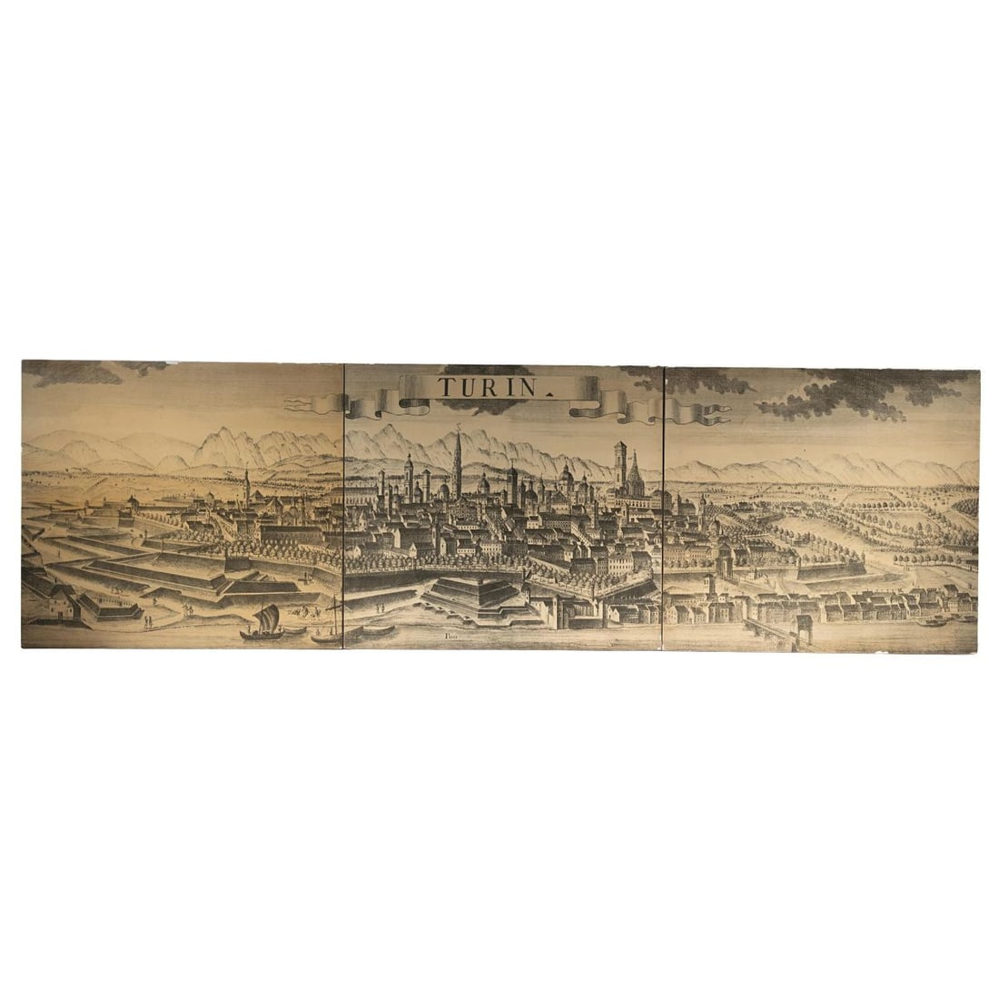 THREE MONUMENTAL PANELS: THREE MONUMENTAL PANELS TRE MONUMENTALI PANNELLI RAFFIGURANTI LA CITTA’ DI TORINO in legno Produzione Italia 1950 circa cm H196xL323xP4 