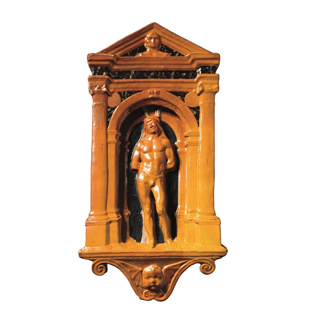 Fornaci San Lorenzo: Fornaci San Lorenzo PLATE DEPICTING SAINT SEBASTIAN PLACCA RAFFIGURANTE CRISTO ALLA COLONNA in ceramica smaltata Produzione Fornaci San Lorenzo, Italia, 1910 circa marchio del