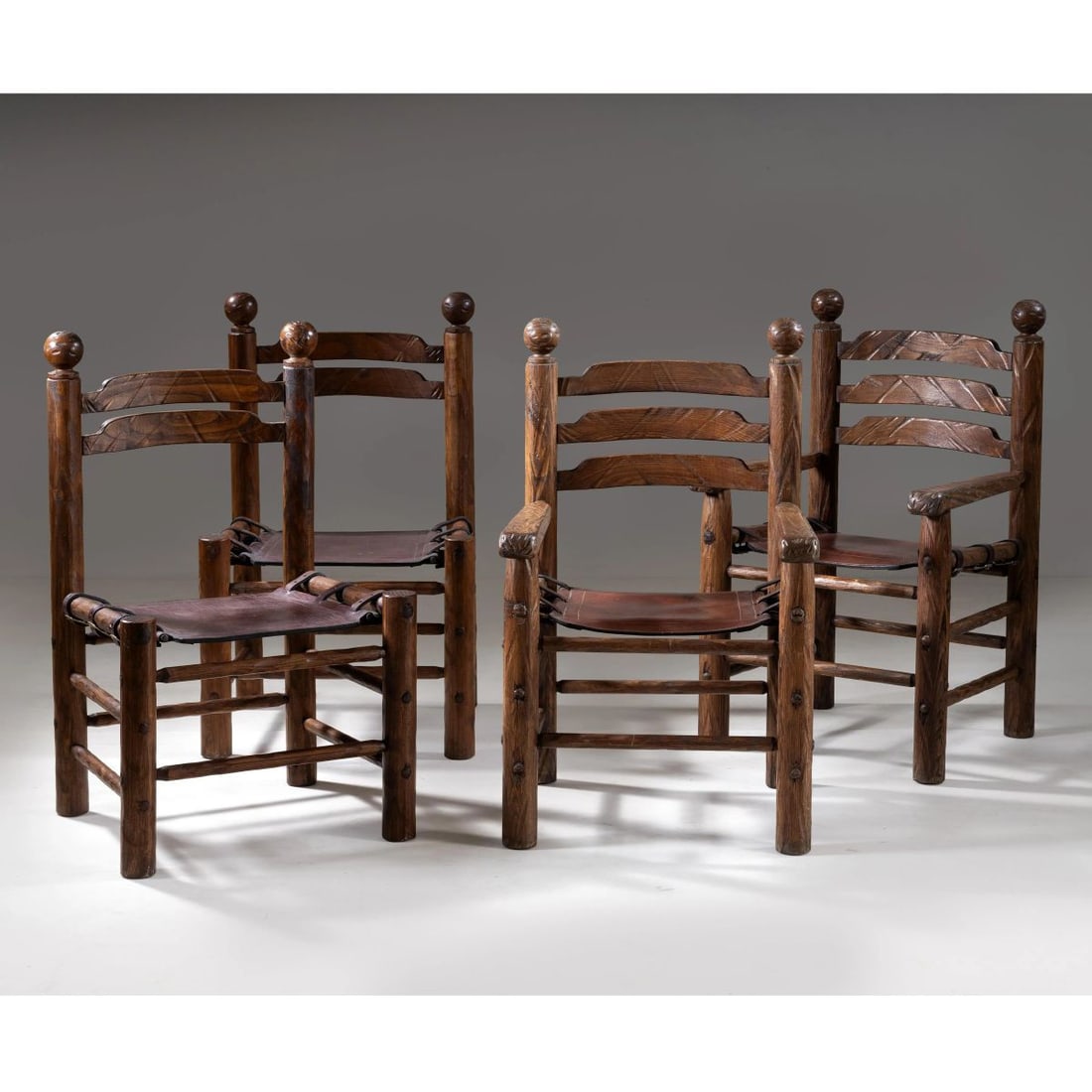 TWO ARMCHAIRS AND TWO CHAIRS, WOODEN STRUCTURE (1 of 2)