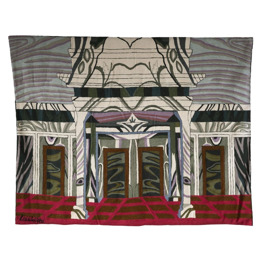 Nanda Vigo: Nanda Vigo (Milano, 1936 - 2020) FABRIC TAPESTRY ARAZZO in tessuto Produzione Flou, Italia, 1992 firmato e datato in basso a sinistra cm H140xL181xP2 