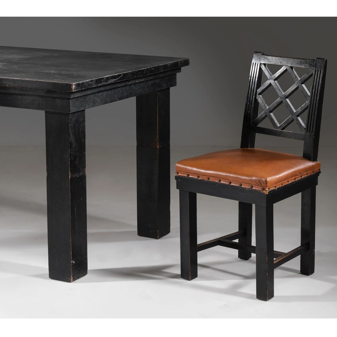 A TABLE AND TEN CHAIRS, LEATHER UPHOLSTERED SEATS  (1 of 3)