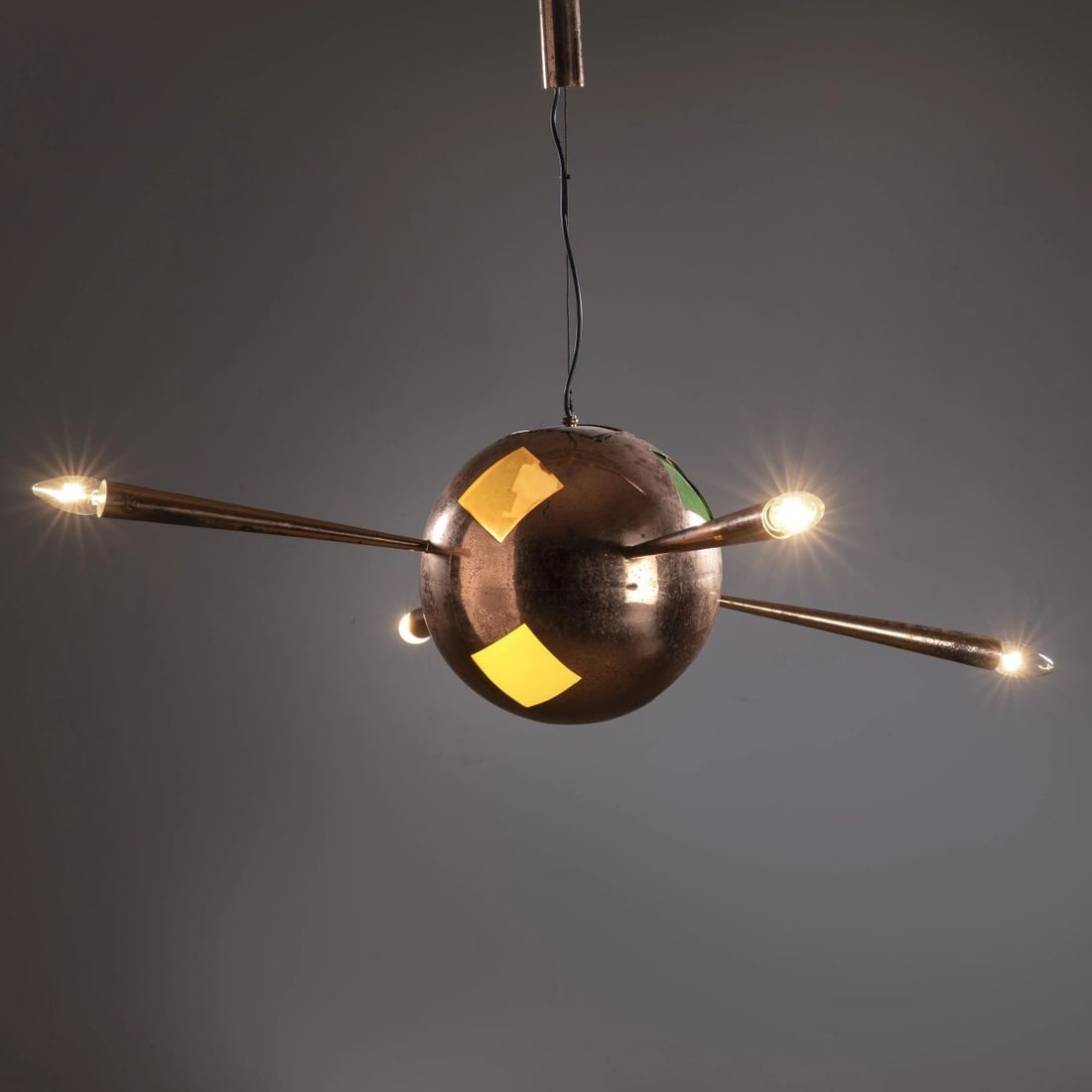 BRASS, COPPER, COLOURED GLASS CEILING LAMP (1 of 2)