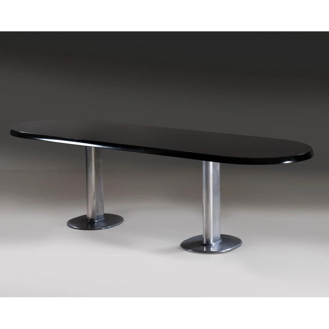 Ettore Sottsass: Ettore Sottsass (Innsbruck, 1917 - Milano, 2007) «HARLOW» TABLE, METAL BASE, BLACK LACQUERED WOODEN TOP TAVOLO HARLOW in metallo e legno laccato nei toni del nero 