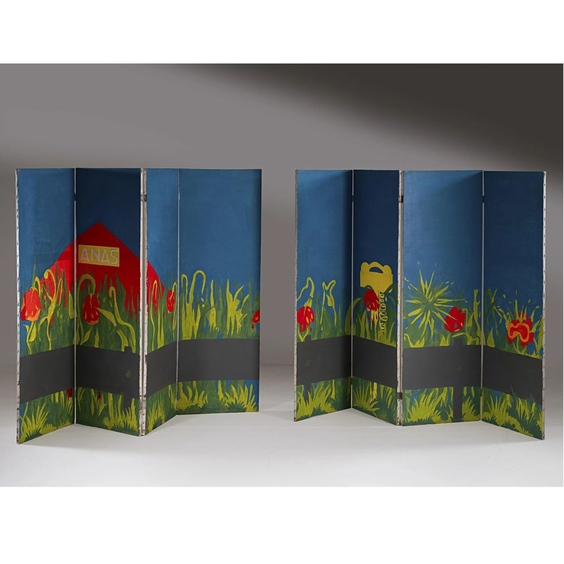 Lapo Binazzi: Lapo Binazzi (Firenze, 1943) PAINTED WOODEN SCREEN PARAVENTO in legno dipinto a mano Esemplare unico Produzione Italia, 1974 cm H150xL400xP2 