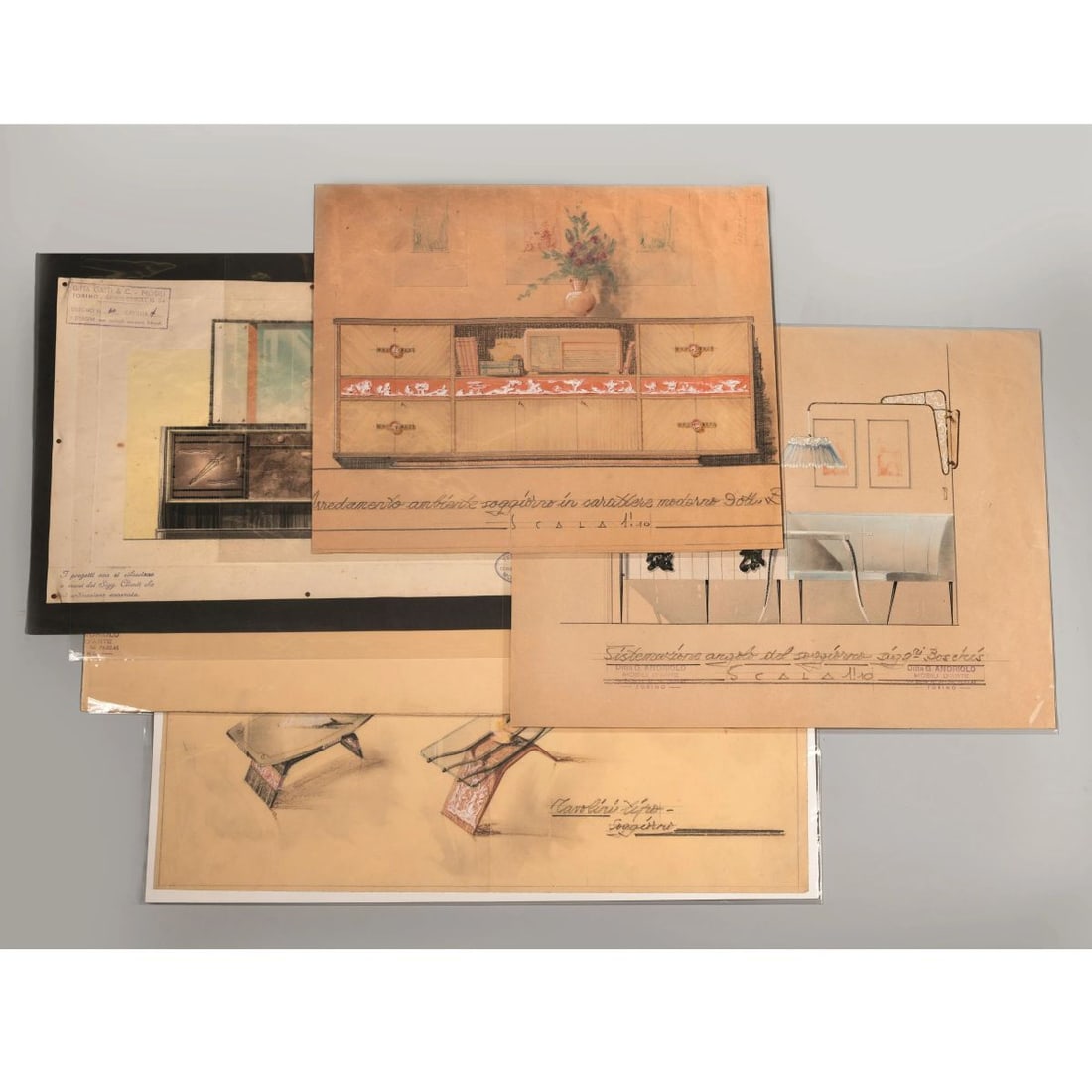 FIVE INTERIOR DESIGNS: FIVE INTERIOR DESIGNS CINQUE DISEGNI PER INTERNI Matita e matite colorate su carta Misure varie 