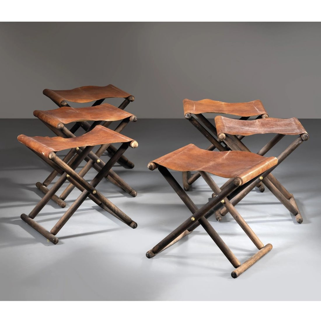 SIX BENCHES, WOODEN STRUCTURE, BROWN LEATHER SEAT (1 of 1)