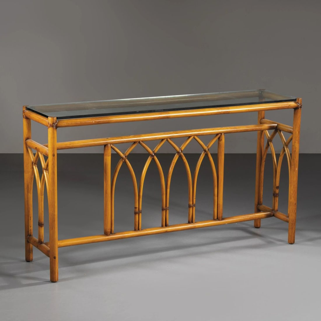 Italo Gasparucci: Italo Gasparucci (Sec. XX) WOODEN AND GLASS CONSOLLE CONSOLLE in legno e vetro Produzione Gasparucci, Italia, 1970 circa cm H76xL136xP36 