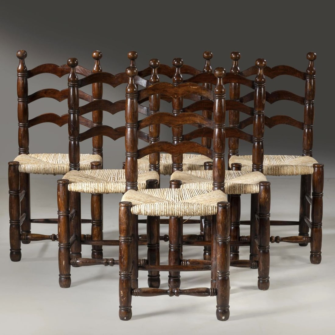 SIX CHAIRS: SIX CHAIRS, WOODEN STRUCTURE, WICKER SEAT SEI SEDIE in legno, seduta in vimini Produzione Italia, 1960 circa cm H89xL42xP40
