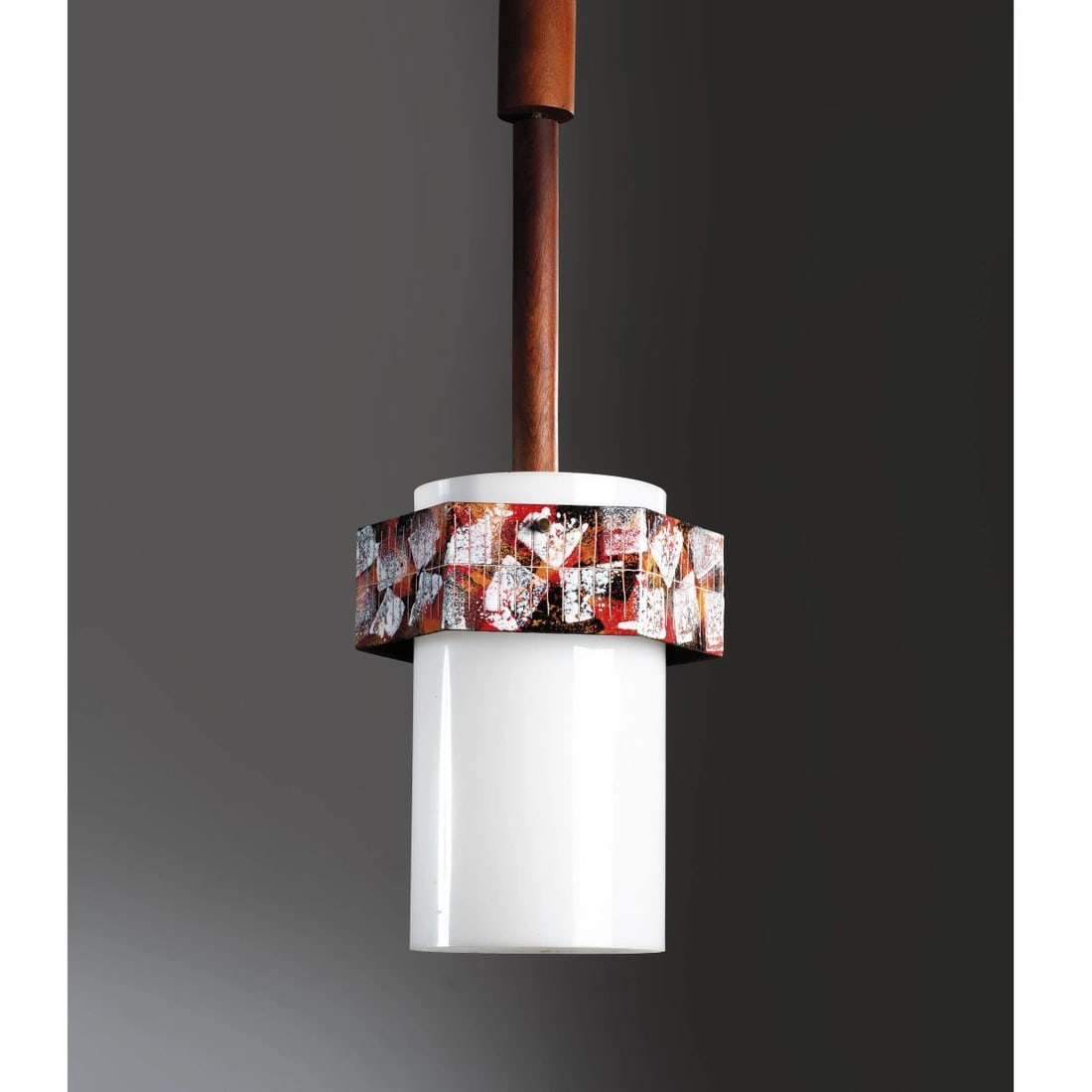 Angelo Brotto: Angelo Brotto (Venezia, 1914 - Campiglia Marittima, 2002) CEILING LAMP LAMPADARIO in metallo, materiale plastico e legno Produzione Esperia, Italia, 1970 circa alt. cm 64 e diam. cm 25