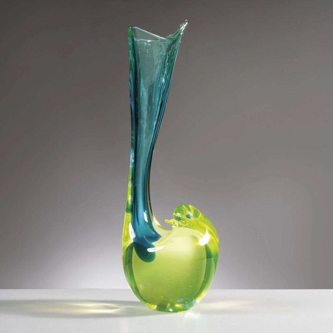 Antonio Da Ros: Antonio Da Ros (Venezia, 1936 - 2012) GREEN AND LIGHT BLUE GLASS VASE-SCULPTURE VASO SCULTURA in vetro nei toni del verde e dell’azzurro Produzione Cenedese, 1965 circa cm H36,5xL14xP13 &