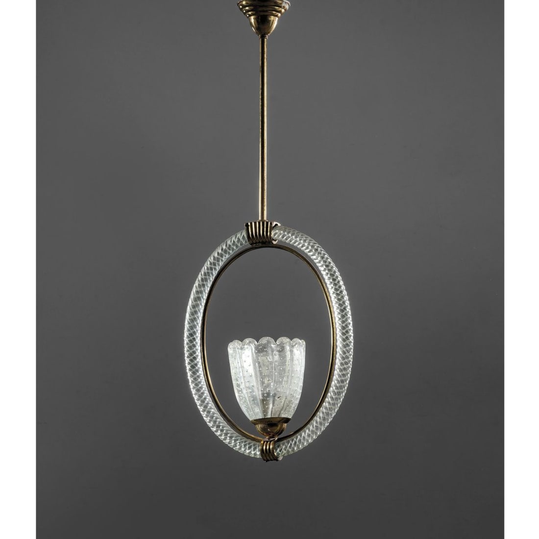 Barovier & Toso: Barovier & Toso GLASS AND METAL CEILING LAMP LAMPADARIO in vetro e metallo Produzione Barovier & Toso, Italia, 1940 circa cm H103xL35xP16 