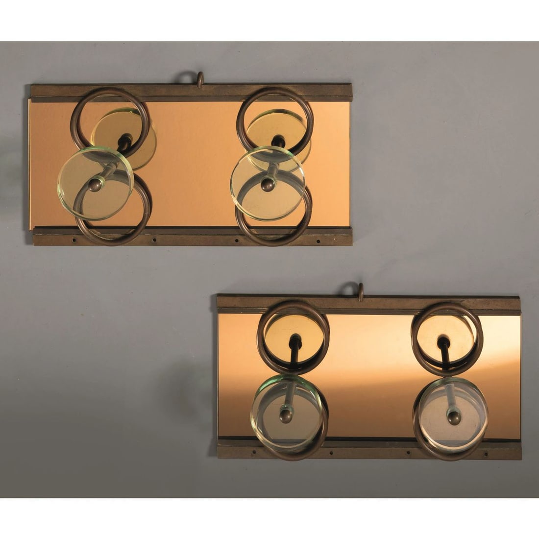 TWO METAL AND GLASS COAT RACKS: TWO METAL AND GLASS COAT RACKS DUE APPENDIABITI in metallo e vetro Produzione Italia, 1950 circa cm H23xL43xP11