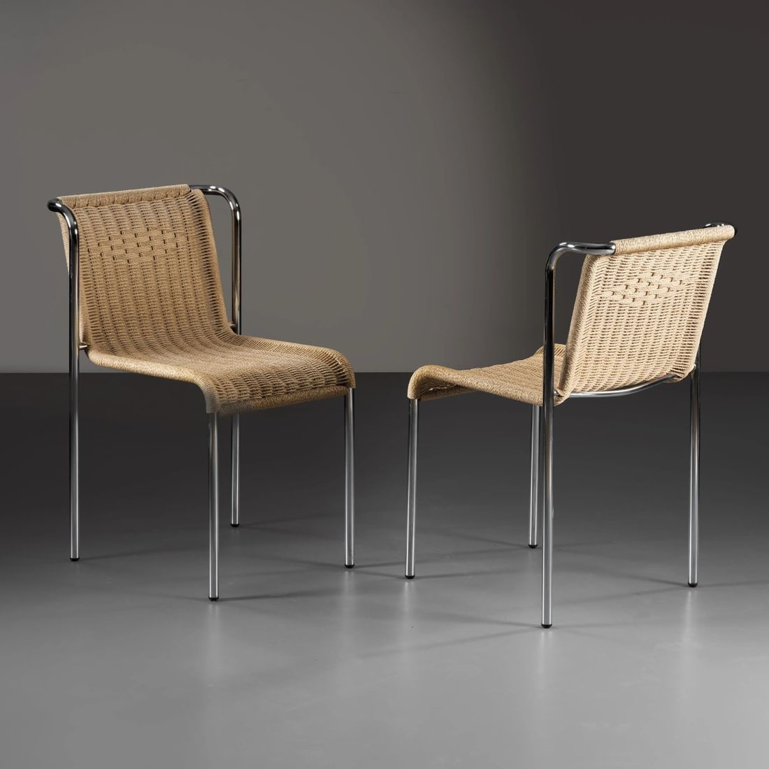 Gabriele Mucchi: Gabriele Mucchi (Torino, 1899 - Milano, 2002) TWO «S5» CHAIRS DUE SEDIE MODELLO S5 in metallo, seduta in tessuto Produzione Italia, 1935 circa cm H78xL55xP47 Bibliografia di 