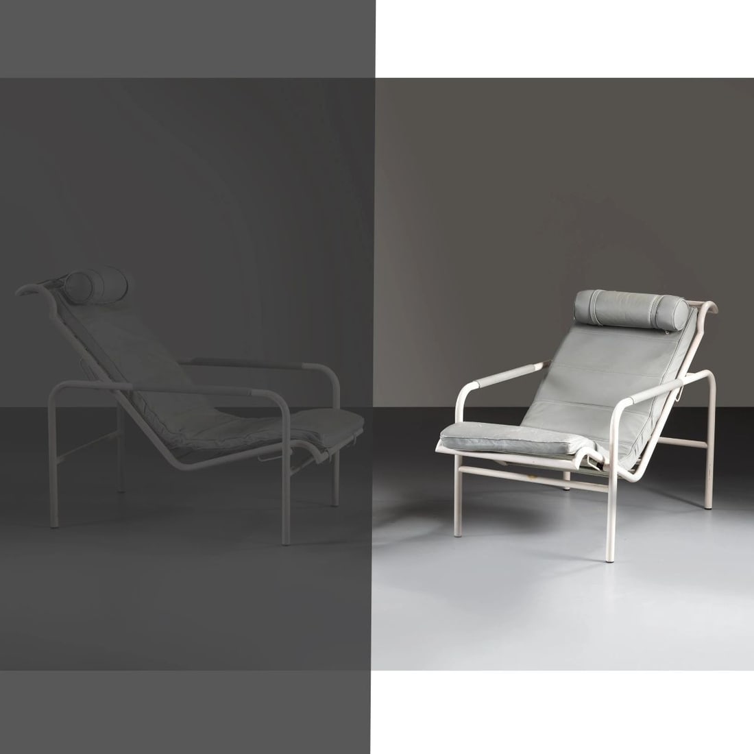 Gabriele Mucchi: Gabriele Mucchi (Torino, 1899 – Milano, 2002) «GENNI» ARMCHAIR POLTRONA GENNI in metallo, seduta imbottita e rivestita in pelle nei toni dell’azzurro Produzione