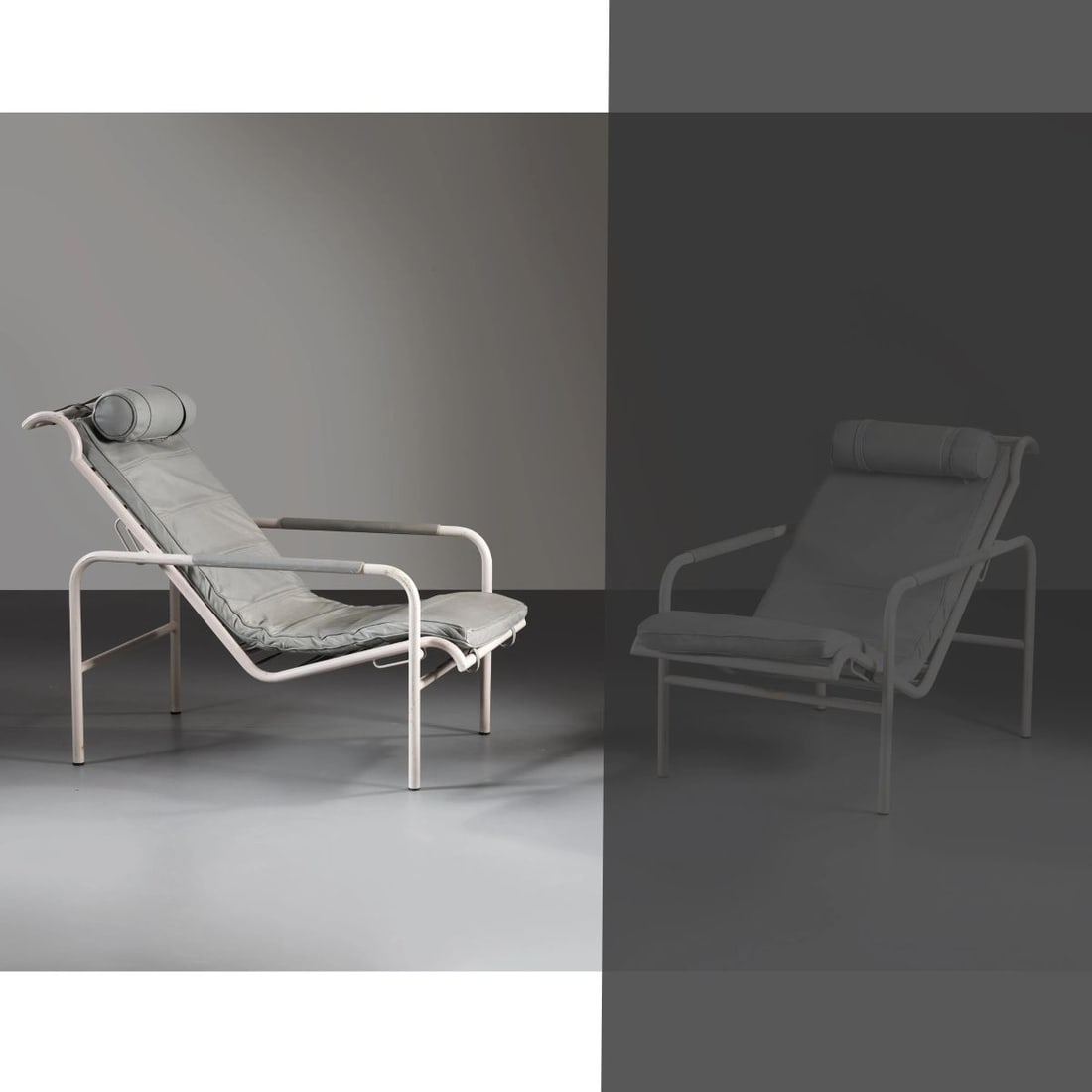 Gabriele Mucchi: Gabriele Mucchi (Torino, 1899 – Milano, 2002) «GENNI» ARMCHAIR POLTRONA GENNI in metallo, seduta imbottita e rivestita in pelle nei toni dell’azzurro Produzione