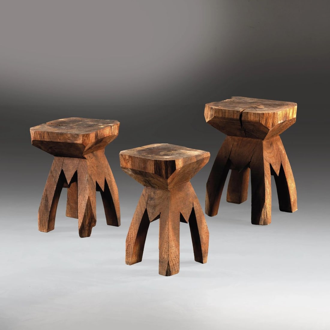 THREE WOODEN STOOLS: THREE WOODEN STOOLS TRE SGABELLI in legno Produzione 1960 circa cm H44xL30xP32 cm H40xL27xP27 cm H40xL23xP24