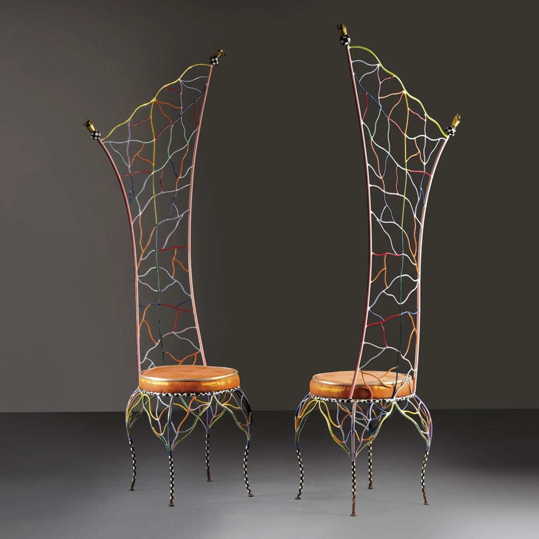 Tom's Drag: Tom's Drag TWO «CROWN» METAL CHAIRS DUE SEDIE MODELLO CROWN in metallo e tessuto Produzione Atelier Tom’s Drag, 2000 circa cm H187xL67xP46 