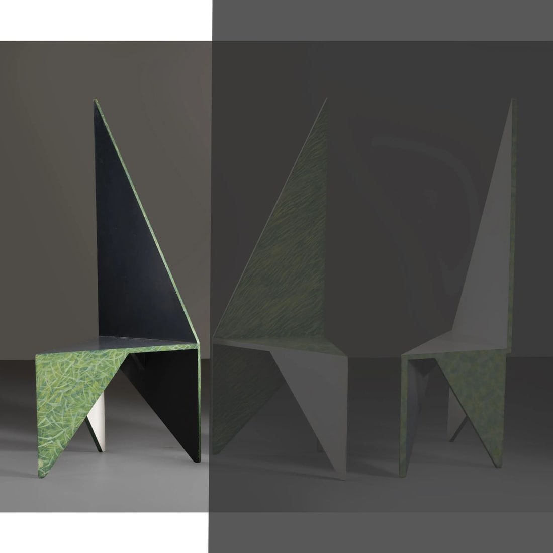 Dodo: Dodo TRIANGLE CHAIR SEDIA TRIANGOLO in legno dipinto e aerografato a mano Produzione M. Teresa Faini per Dodo, Firenze, 1980 circa cm H139xL44xP45 