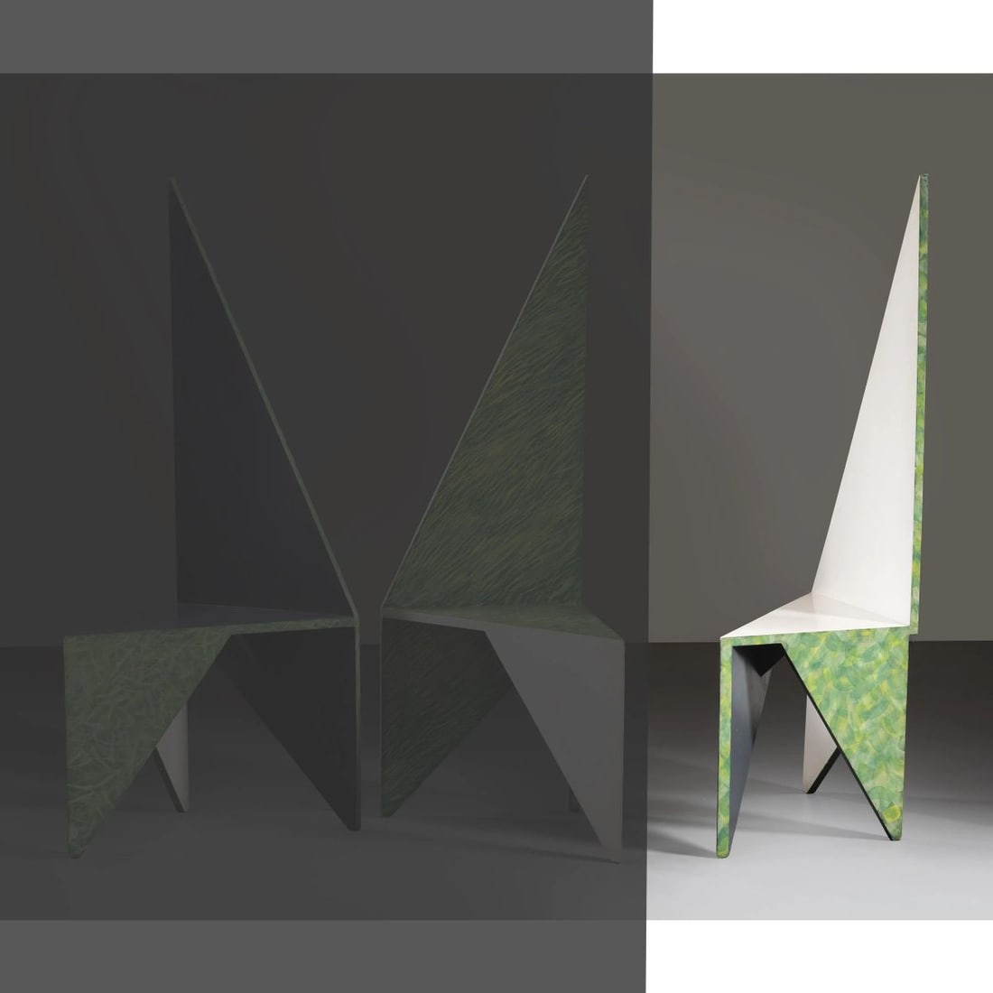 Dodo: Dodo TRIANGLE CHAIR SEDIA TRIANGOLO in legno dipinto e aerografato a mano Produzione M. Teresa Faini per Dodo, Firenze, 1980 circa cm H138xL44xP45 