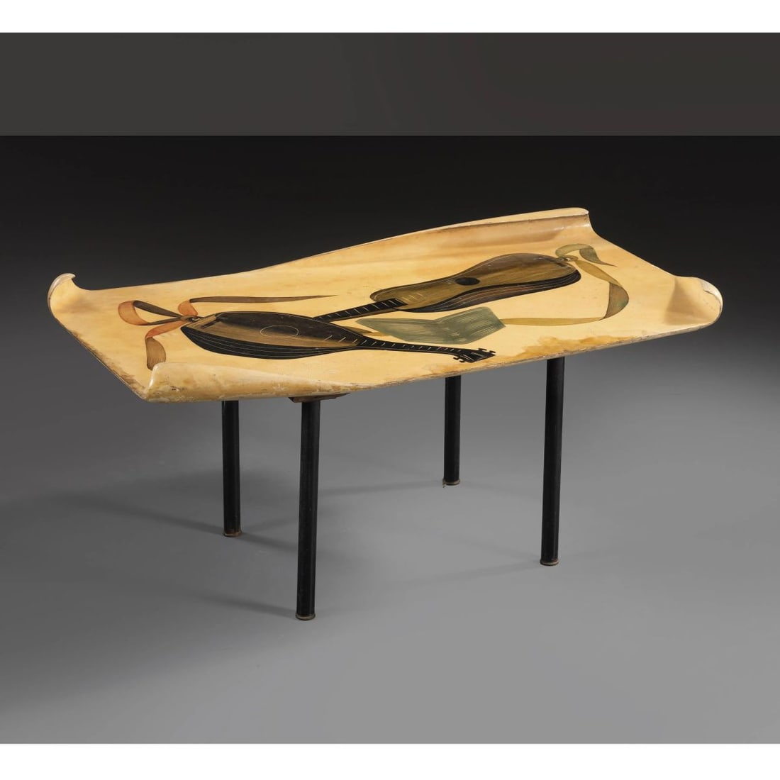 Aldo Tura: Aldo Tura (1909 - 1963) WOOD AND METAL LOW TABLE TAVOLO BASSO in legno, zampe in metallo Produzione Italia, 1955 circa cm H45xL93xP48