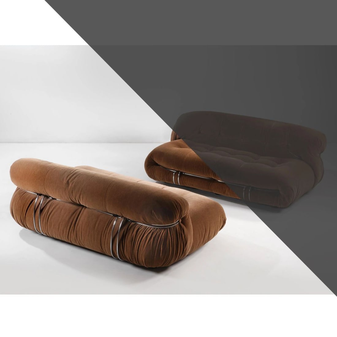 Afra e: Afra e (Montebelluna, 1937 - Trevignano, 2011) Tobia Scarpa (Venezia, 1935) «SORIANA» SOFA, BROWN FABRIC UPHOLSTERED DIVANO MODELLO SORIANA Imbottito e rivestito in tessuto nei toni del marrone