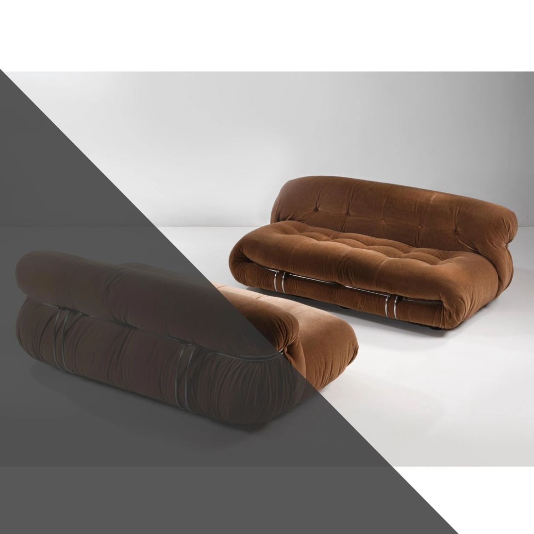 Afra e: Afra e (Montebelluna, 1937 - Trevignano, 2011) Tobia Scarpa (Venezia, 1935) «SORIANA» SOFA, BROWN FABRIC UPHOLSTERED DIVANO MODELLO SORIANA Imbottito e rivestito in tessuto nei toni del marrone
