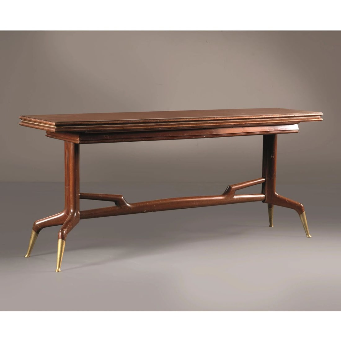 TAVOLO CONSOLLE: TAVOLO CONSOLLE in legno, dettagli in metallo Produzione Italia, 1950 circa cm H79xL180xP46 WOODEN CONSOLLE-TABLE, METAL DETAILS 