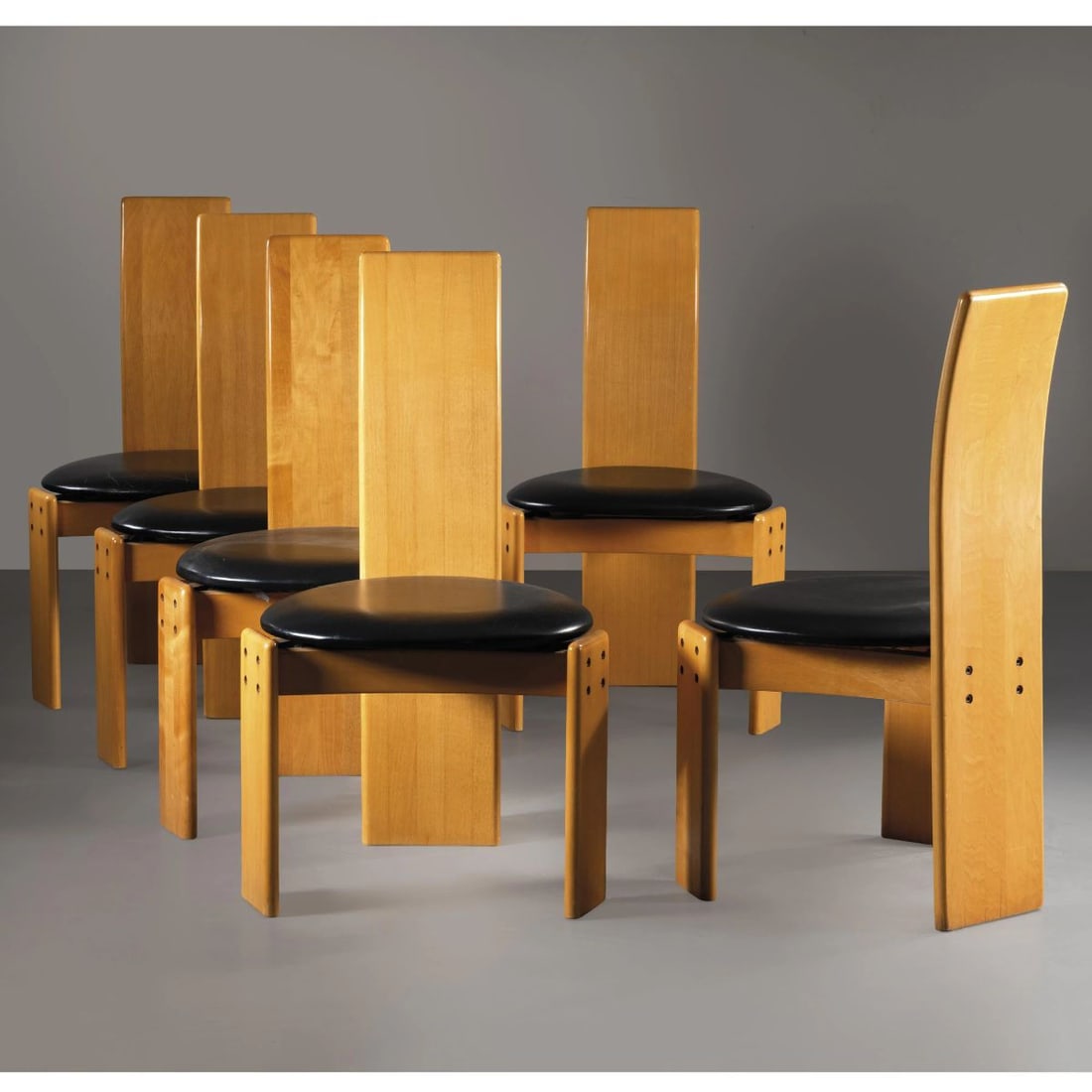 SEI SEDIE: SEI SEDIE in legno Produzione Italia, 1975 circa cm H90xL53xP45 SIX WOODEN CHAIRS 