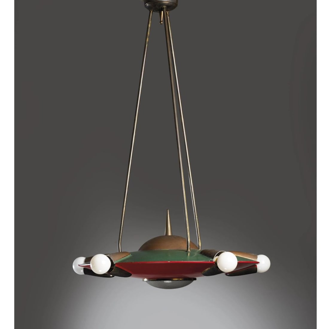 CEILING LAMP: CEILING LAMP, GREEN AND RED LACQUERED METAL STRUCTURE LAMPADA A SOSPENSIONE in metallo laccato nei toni del verde e del rosso Produzione Italia, 1955 circa alt. cm 70 e diam. cm 50