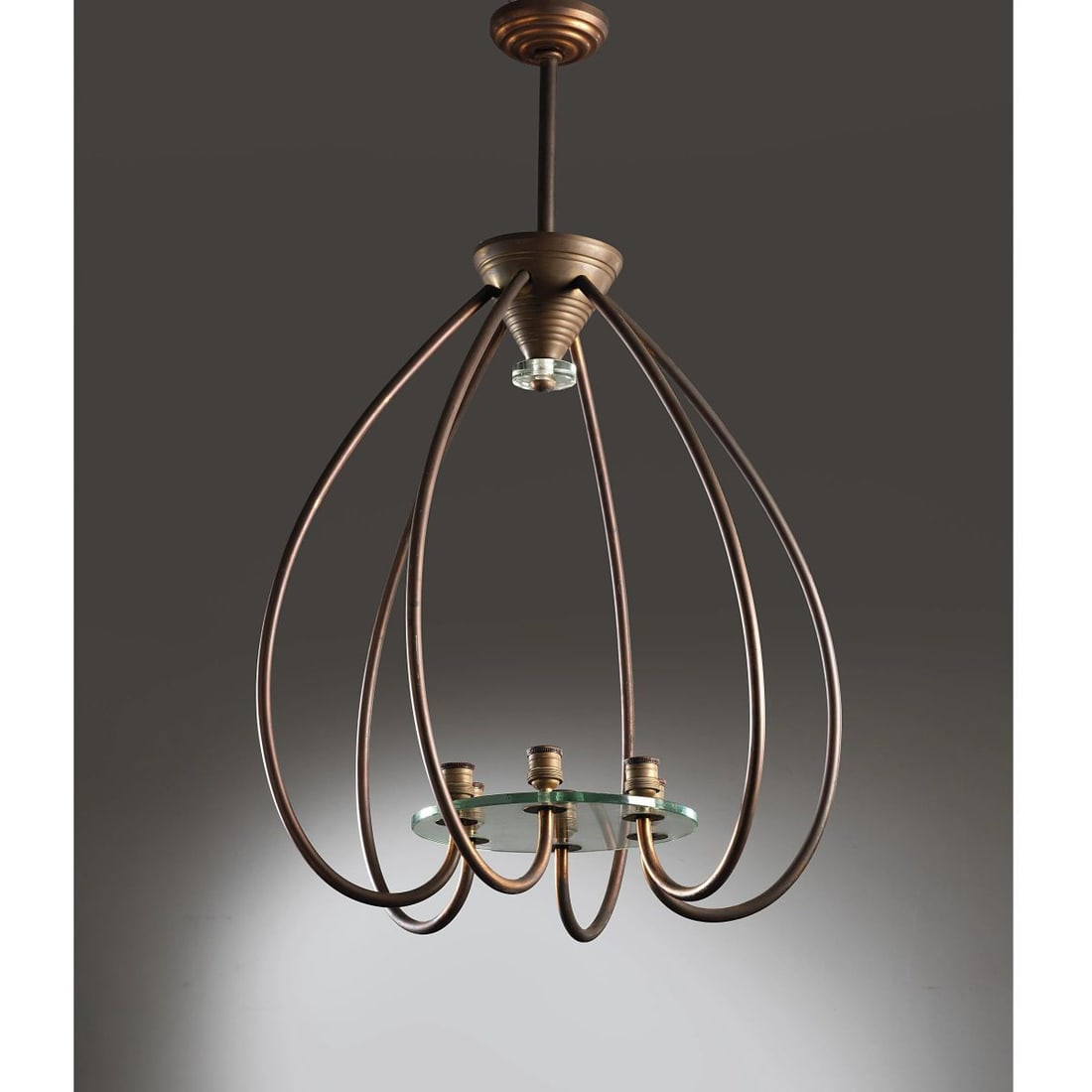 METAL AND GLASS CEILING LAMP: METAL AND GLASS CEILING LAMP LAMPADARIO in metallo e vetro Produzione Italia, 1930 circa cm H100xL65xP65