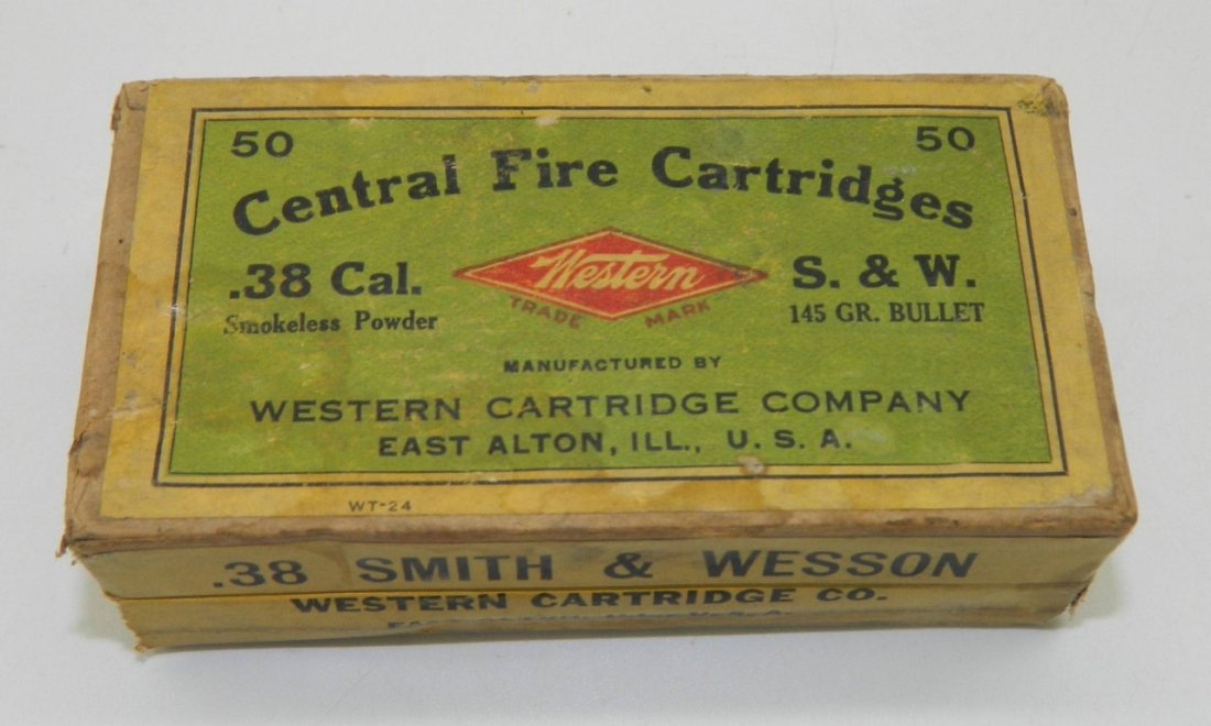 Antique Western Cartridge Company .38 Sealed Box: This historic box of ammo owned by J. Howard Quinn is an unopened box of .38 caliber Smith & Wesson Central fire cartridges containing the original 50 rounds. The box is in very good to excellent cond