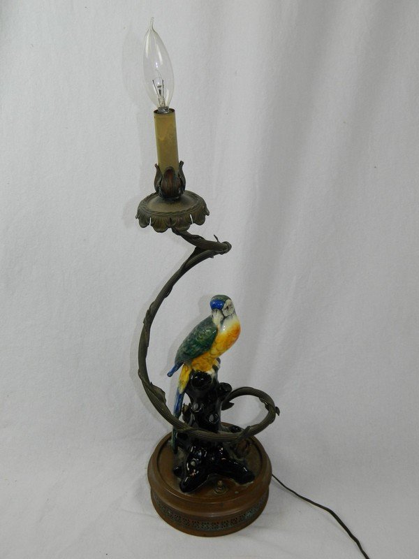 Art Deco Parrot and Thorny Vine Lamp: This wonderful Art Deco lamp is very dark in nature yet shows the beauty of a colorful Parrot perched upon a dark and thorny vine. The lamp is in good condition but is missing several metal rose buds.