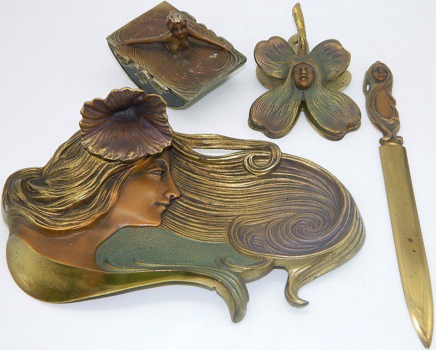 Art Nouveau Jugendstil Colored Bronze Desk Set (1 of 10)