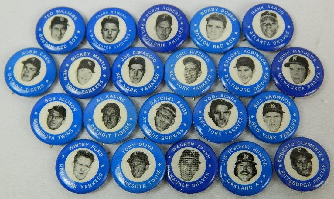 Lot of 21 Blue Vintage Baseball Pinbacks: Lot includes Mickey Mantle, Hank Aaron, Ted Williams, Brooks Robinson, Yogi Berra, Whitey Ford, Roberto Clemente & Many More!