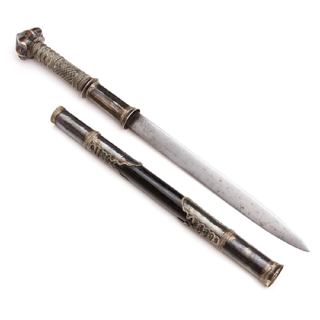 DHA SWORD DAGGER, 19TH C.: Burma. All silver covered scabbard and hilt, large bud shaped pommel, straight single edged blade. length 17 in.