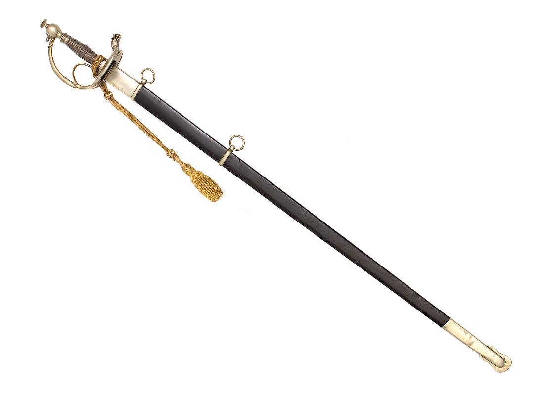 MEDICAL CORPS OFFICER SWORD, MOD 1833: Albertina type sword from the period of Italian Kingdoms. Straight single edged blade, with wide fuller on each side, and richly engraved with floral motifs and various arms and armor. Rarely found ex
